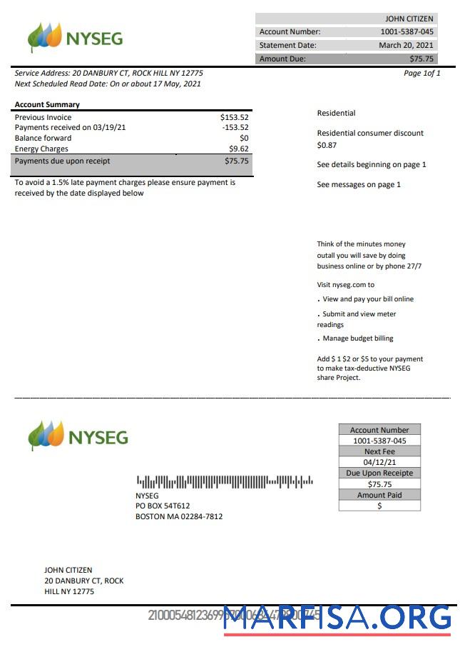 Blank USA Massachusetts Boston NYSEG electricity utility bill template in Word and PDF format